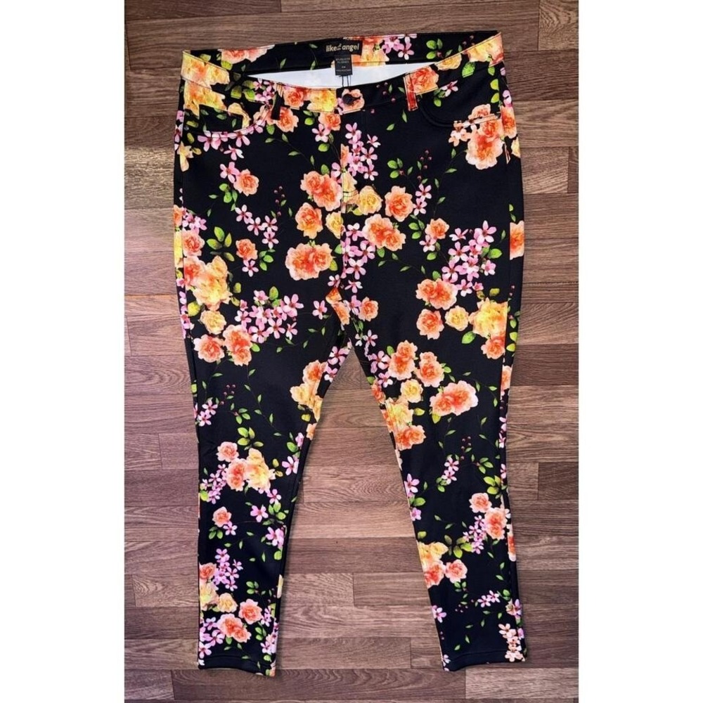 Like an Angel Floral Print Pants‎ Casual Stretch Trousers Black 2X